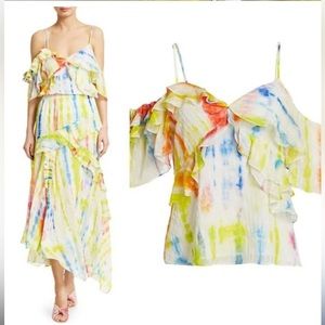 TANYA TAYLOR Tavia Cold Shoulder Ruffle Detail Silk Tie-Dye Top